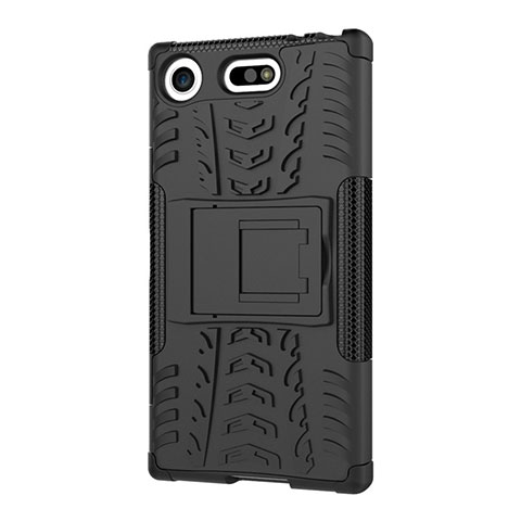 Silikon Hülle Handyhülle und Kunststoff Schutzhülle Tasche mit Ständer A01 für Sony Xperia XZ1 Compact Schwarz