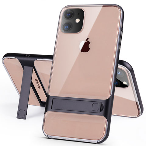 Silikon Hülle Handyhülle und Kunststoff Schutzhülle Tasche mit Ständer A06 für Apple iPhone 11 Schwarz