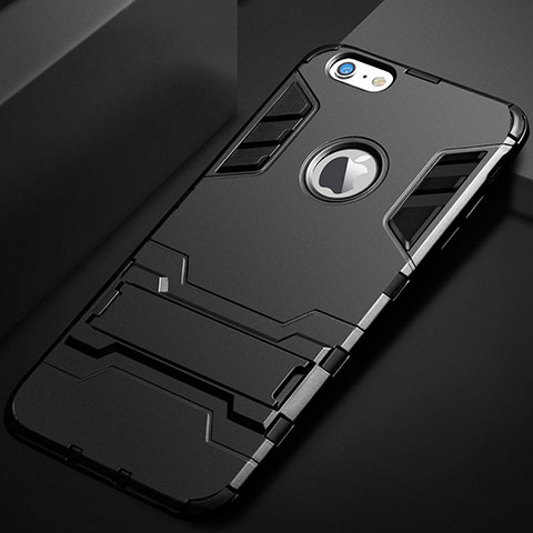 Silikon Hülle Handyhülle und Kunststoff Schutzhülle Tasche mit Ständer für Apple iPhone 6S Plus Schwarz