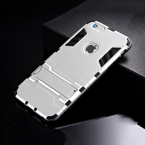 Silikon Hülle Handyhülle und Kunststoff Schutzhülle Tasche mit Ständer für Apple iPhone 6S Plus Silber