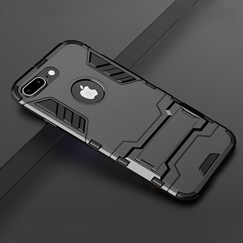 Silikon Hülle Handyhülle und Kunststoff Schutzhülle Tasche mit Ständer für Apple iPhone 7 Plus Schwarz