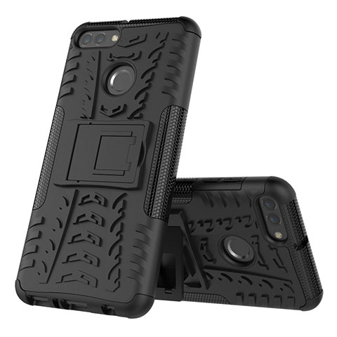 Silikon Hülle Handyhülle und Kunststoff Schutzhülle Tasche mit Ständer für Huawei Enjoy 8 Plus Schwarz
