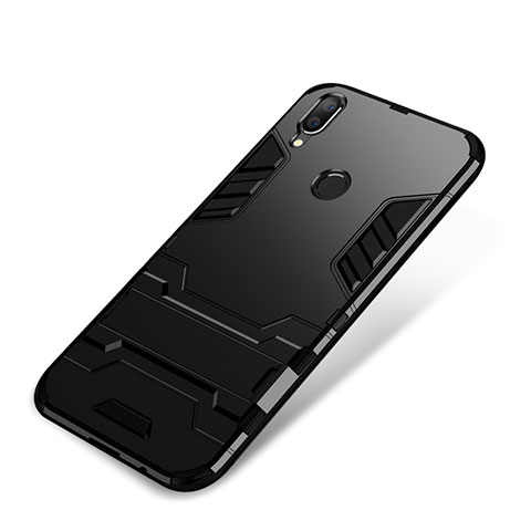 Silikon Hülle Handyhülle und Kunststoff Schutzhülle Tasche mit Ständer für Huawei P Smart+ Plus Schwarz
