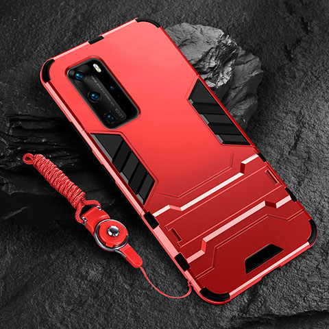 Silikon Hülle Handyhülle und Kunststoff Schutzhülle Tasche mit Ständer für Huawei P40 Pro Rot