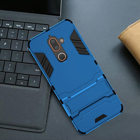 Silikon Hülle Handyhülle und Kunststoff Schutzhülle Tasche mit Ständer für Nokia 7 Plus Blau