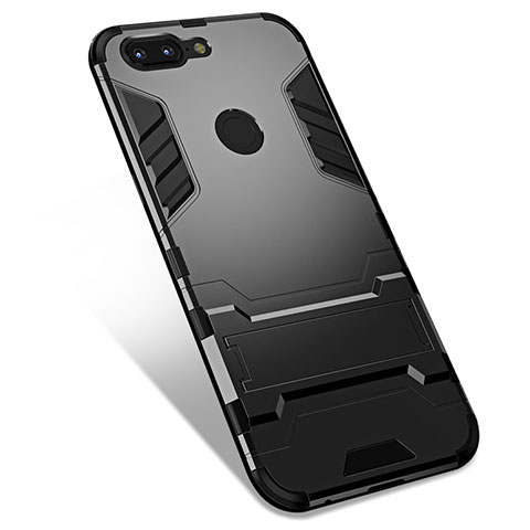 Silikon Hülle Handyhülle und Kunststoff Schutzhülle Tasche mit Ständer für OnePlus 5T A5010 Schwarz