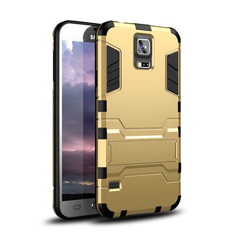 Silikon Hülle Handyhülle und Kunststoff Schutzhülle Tasche mit Ständer für Samsung Galaxy S5 G900F G903F Gold