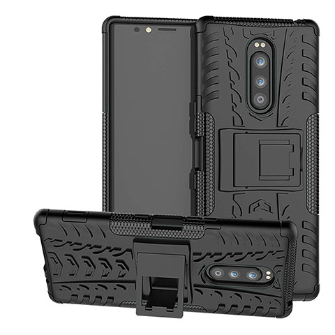 Silikon Hülle Handyhülle und Kunststoff Schutzhülle Tasche mit Ständer für Sony Xperia 1 Schwarz