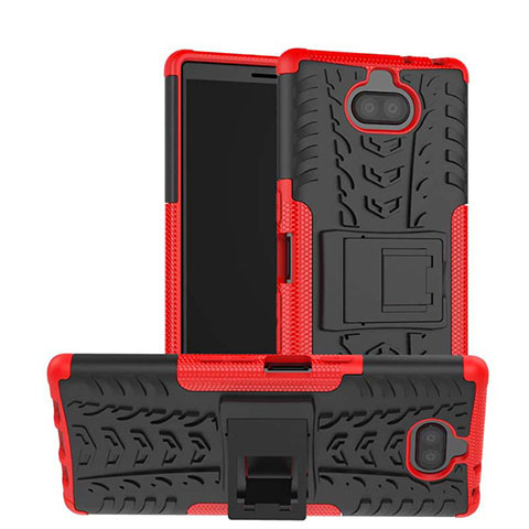 Silikon Hülle Handyhülle und Kunststoff Schutzhülle Tasche mit Ständer für Sony Xperia 10 Rot