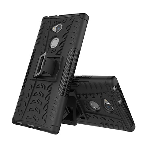 Silikon Hülle Handyhülle und Kunststoff Schutzhülle Tasche mit Ständer für Sony Xperia XA2 Plus Schwarz