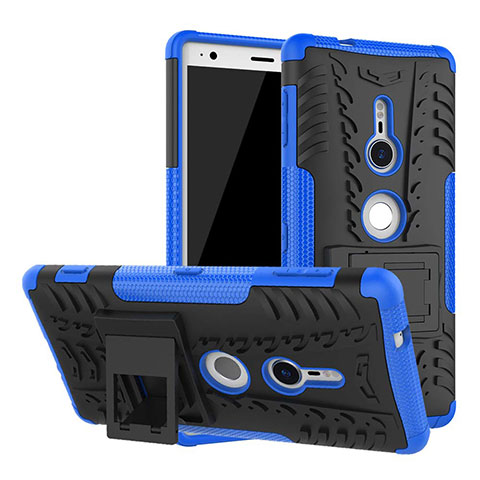 Silikon Hülle Handyhülle und Kunststoff Schutzhülle Tasche mit Ständer für Sony Xperia XZ2 Blau