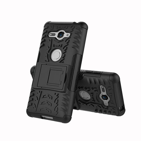Silikon Hülle Handyhülle und Kunststoff Schutzhülle Tasche mit Ständer für Sony Xperia XZ2 Compact Schwarz