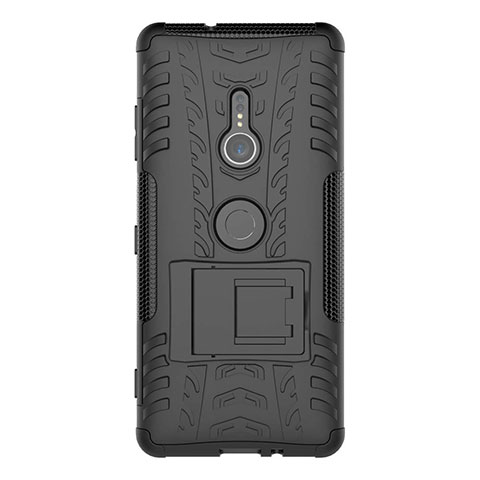 Silikon Hülle Handyhülle und Kunststoff Schutzhülle Tasche mit Ständer für Sony Xperia XZ3 Schwarz