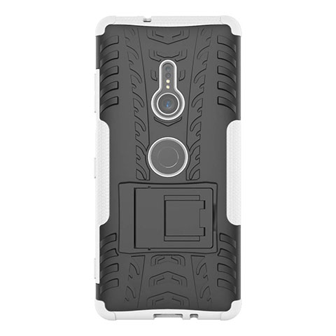 Silikon Hülle Handyhülle und Kunststoff Schutzhülle Tasche mit Ständer für Sony Xperia XZ3 Weiß