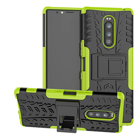 Silikon Hülle Handyhülle und Kunststoff Schutzhülle Tasche mit Ständer für Sony Xperia XZ4 Grün