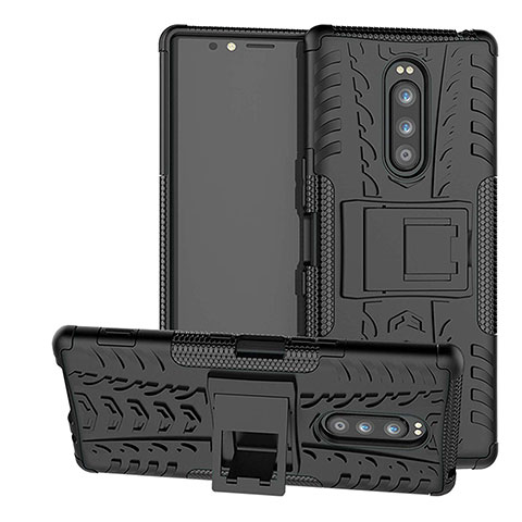 Silikon Hülle Handyhülle und Kunststoff Schutzhülle Tasche mit Ständer für Sony Xperia XZ4 Schwarz