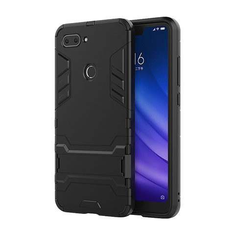 Silikon Hülle Handyhülle und Kunststoff Schutzhülle Tasche mit Ständer für Xiaomi Mi 8 Lite Schwarz