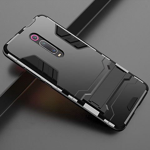 Silikon Hülle Handyhülle und Kunststoff Schutzhülle Tasche mit Ständer für Xiaomi Mi 9T Pro Schwarz