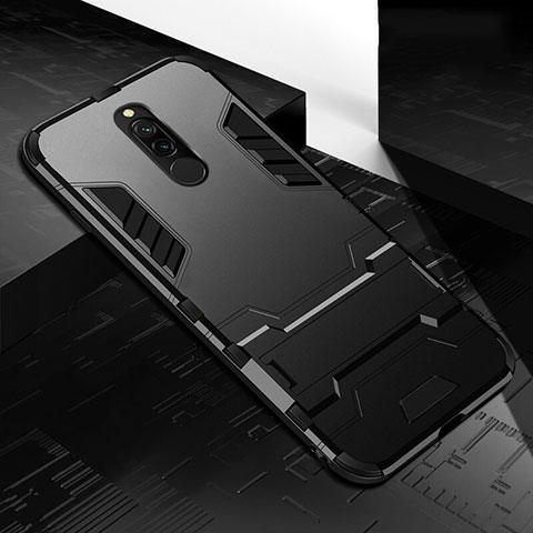 Silikon Hülle Handyhülle und Kunststoff Schutzhülle Tasche mit Ständer für Xiaomi Redmi 8 Schwarz