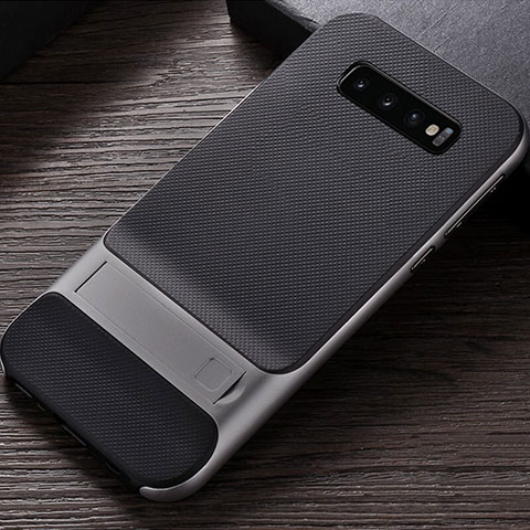 Silikon Hülle Handyhülle und Kunststoff Schutzhülle Tasche mit Ständer R01 für Samsung Galaxy S10 5G Silber