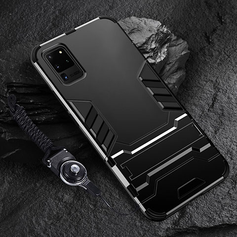 Silikon Hülle Handyhülle und Kunststoff Schutzhülle Tasche mit Ständer R01 für Samsung Galaxy S20 Ultra Schwarz