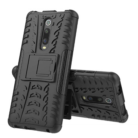 Silikon Hülle Handyhülle und Kunststoff Schutzhülle Tasche mit Ständer R01 für Xiaomi Mi 9T Schwarz