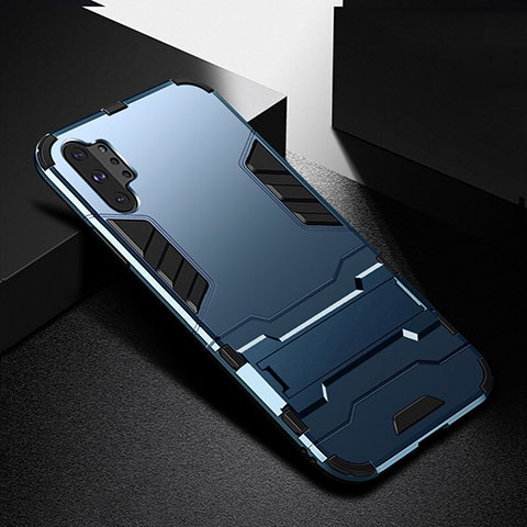 Silikon Hülle Handyhülle und Kunststoff Schutzhülle Tasche mit Ständer R02 für Samsung Galaxy Note 10 Plus Blau
