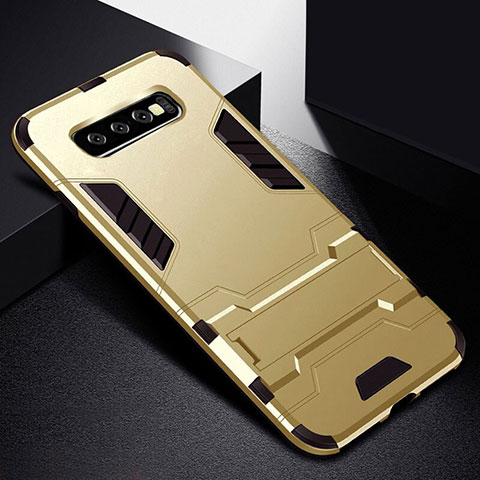 Silikon Hülle Handyhülle und Kunststoff Schutzhülle Tasche mit Ständer R02 für Samsung Galaxy S10 5G Gold