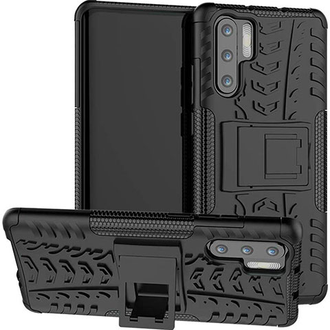 Silikon Hülle Handyhülle und Kunststoff Schutzhülle Tasche mit Ständer R03 für Huawei P30 Pro New Edition Schwarz