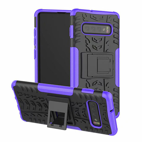 Silikon Hülle Handyhülle und Kunststoff Schutzhülle Tasche mit Ständer R03 für Samsung Galaxy S10 5G Violett