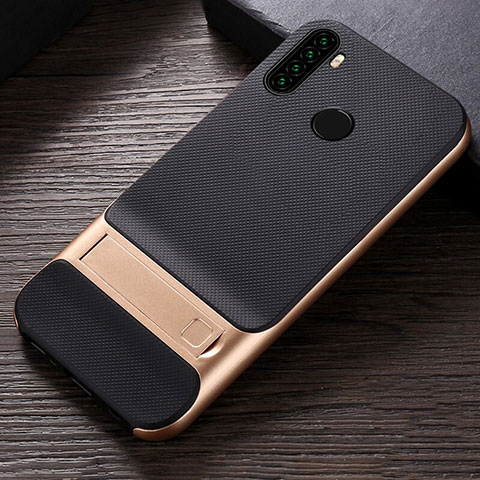 Silikon Hülle Handyhülle und Kunststoff Schutzhülle Tasche mit Ständer R04 für Xiaomi Redmi Note 8 (2021) Gold