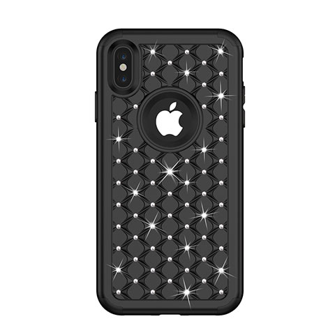 Silikon Hülle Handyhülle und Kunststoff Schutzhülle Tasche Vorder und Rückseite 360 Grad Bling-Bling für Apple iPhone X Schwarz