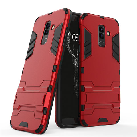 Silikon Hülle und Kunststoff Schutzhülle mit Ständer für Samsung Galaxy A6 Plus (2018) Rot