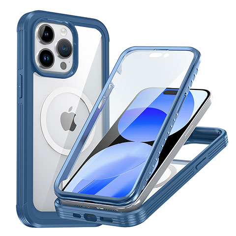 Silikon Schutzhülle Rahmen Tasche Hülle Durchsichtig Transparent 360 Grad Ganzkörper mit Mag-Safe Magnetic Magnetisch AC1 für Apple iPhone 14 Pro Max Blau