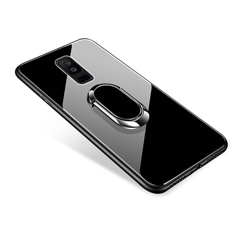 Silikon Schutzhülle Rahmen Tasche Hülle Spiegel mit Fingerring Ständer für Samsung Galaxy A6 Plus (2018) Schwarz