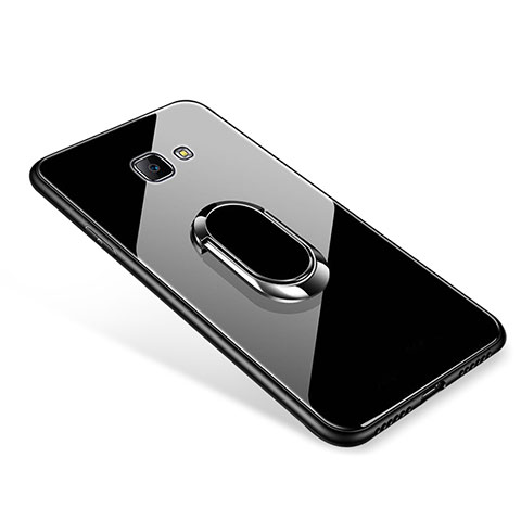 Silikon Schutzhülle Rahmen Tasche Hülle Spiegel mit Fingerring Ständer für Samsung Galaxy J7 Prime Schwarz