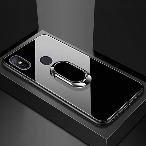 Silikon Schutzhülle Rahmen Tasche Hülle Spiegel mit Magnetisch Fingerring Ständer A01 für Xiaomi Redmi 6 Pro Schwarz