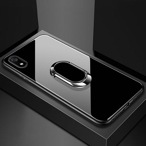 Silikon Schutzhülle Rahmen Tasche Hülle Spiegel mit Magnetisch Fingerring Ständer A01 für Xiaomi Redmi 7A Schwarz