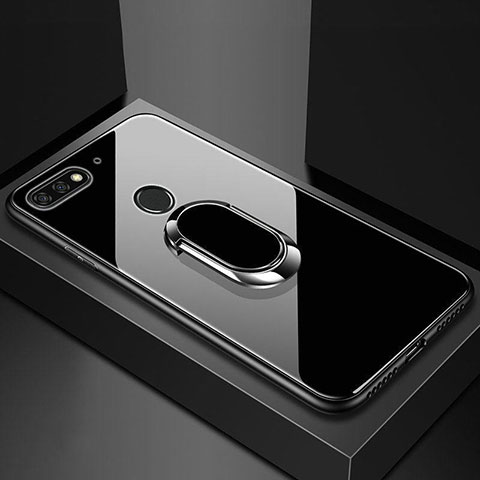 Silikon Schutzhülle Rahmen Tasche Hülle Spiegel mit Magnetisch Fingerring Ständer für Huawei Enjoy 8e Schwarz