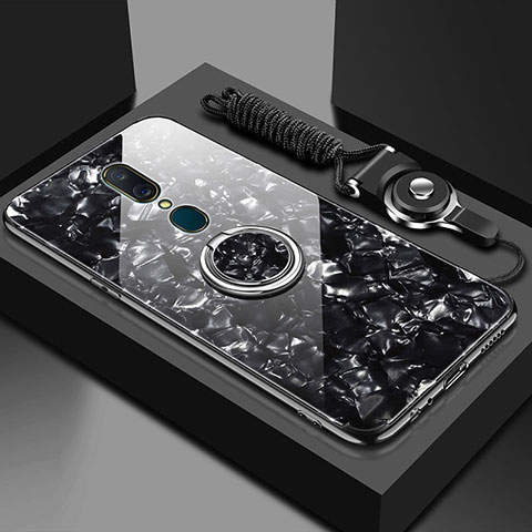 Silikon Schutzhülle Rahmen Tasche Hülle Spiegel mit Magnetisch Fingerring Ständer für Oppo A9 Schwarz