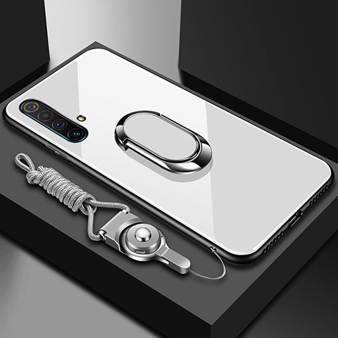 Silikon Schutzhülle Rahmen Tasche Hülle Spiegel mit Magnetisch Fingerring Ständer für Realme X3 SuperZoom Weiß