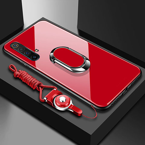 Silikon Schutzhülle Rahmen Tasche Hülle Spiegel mit Magnetisch Fingerring Ständer für Realme X50m 5G Rot