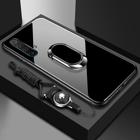 Silikon Schutzhülle Rahmen Tasche Hülle Spiegel mit Magnetisch Fingerring Ständer für Realme X50m 5G Schwarz