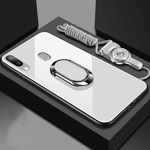Silikon Schutzhülle Rahmen Tasche Hülle Spiegel mit Magnetisch Fingerring Ständer für Samsung Galaxy A30 Weiß