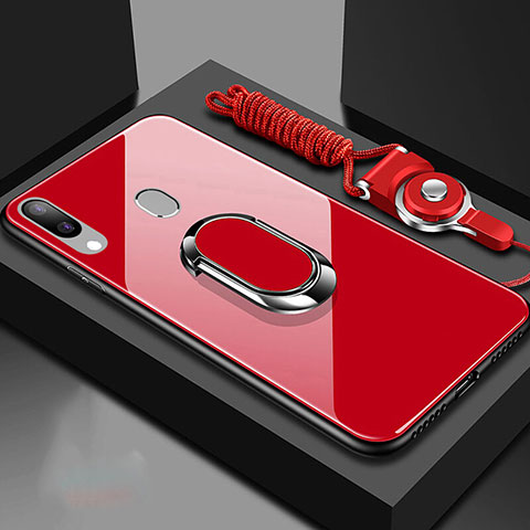 Silikon Schutzhülle Rahmen Tasche Hülle Spiegel mit Magnetisch Fingerring Ständer für Samsung Galaxy A40 Rot