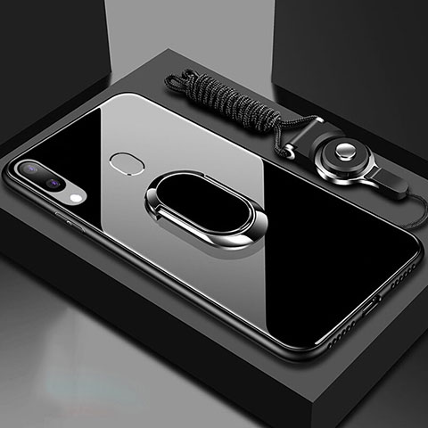 Silikon Schutzhülle Rahmen Tasche Hülle Spiegel mit Magnetisch Fingerring Ständer für Samsung Galaxy A40 Schwarz