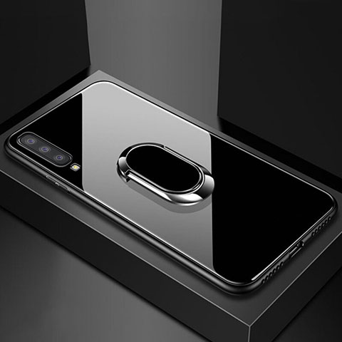 Silikon Schutzhülle Rahmen Tasche Hülle Spiegel mit Magnetisch Fingerring Ständer für Samsung Galaxy A70 Schwarz