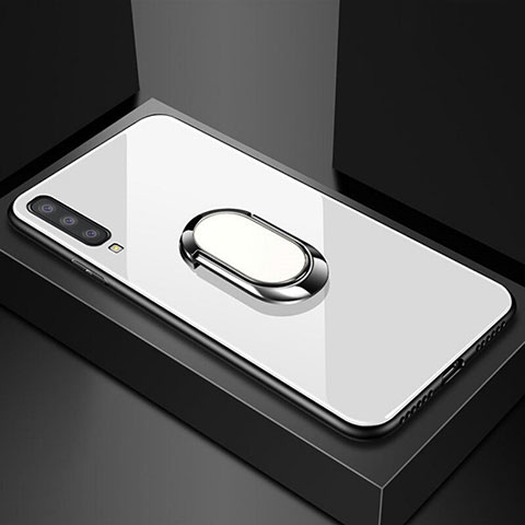 Silikon Schutzhülle Rahmen Tasche Hülle Spiegel mit Magnetisch Fingerring Ständer für Samsung Galaxy A70 Weiß