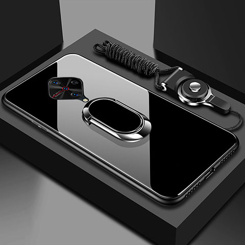 Silikon Schutzhülle Rahmen Tasche Hülle Spiegel mit Magnetisch Fingerring Ständer für Vivo S1 Pro Schwarz