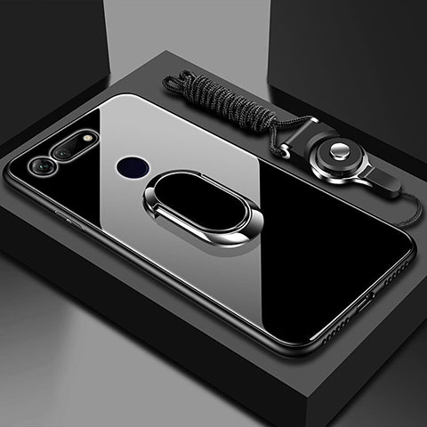 Silikon Schutzhülle Rahmen Tasche Hülle Spiegel mit Magnetisch Fingerring Ständer T01 für Huawei Honor View 20 Schwarz